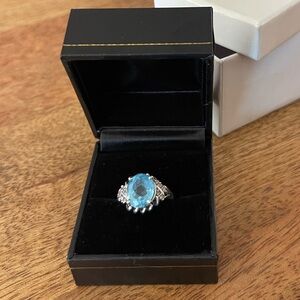Blue Topaz & Diamond Ring 10k White Gold Sz 6.5